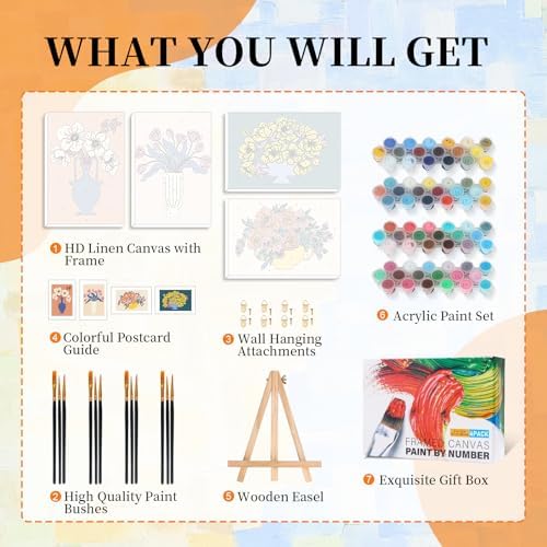 4 Pack Paint by Numbers Kit for Adults with Frame, Flowers & Floral Vase - Image 6