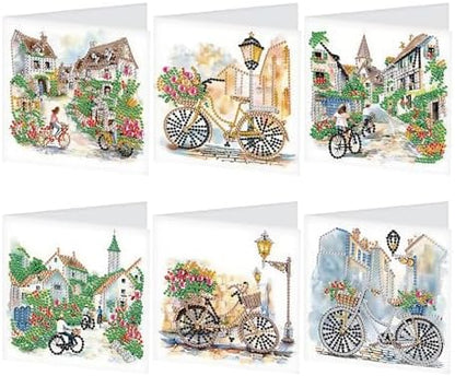 6 Pack Diamond Painting Gift Card Diamond Art Kits for Adults Birthday Wedding Anniversary Greeting Get Well Congratulations Thank You Cards with Envelopes || House Alley Bicycle by SHEGZHUC