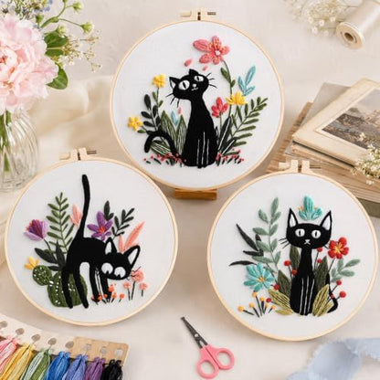 Meyocky Embroidery Kit for Beginners with Cat Flower Patterns& Stitch Video - Image 7