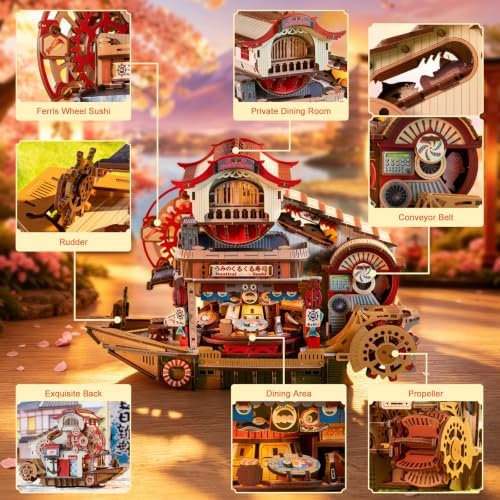 DIY Miniature House Kit, Japanese Dollhouse 3D Wooden Puzzles for Adults with Music & LED Lights, 425PCS Sushi Boat Mechanical Moving Model, Home Decor Building Craft Birthday - Image 3