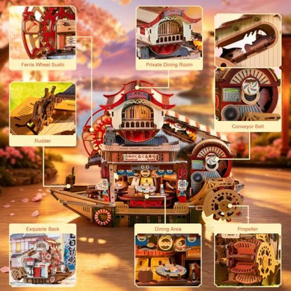 DIY Miniature House Kit, Japanese Dollhouse 3D Wooden Puzzles for Adults with Music & LED Lights, 425PCS Sushi Boat Mechanical Moving Model, Home Decor Building Craft Birthday - Image 3