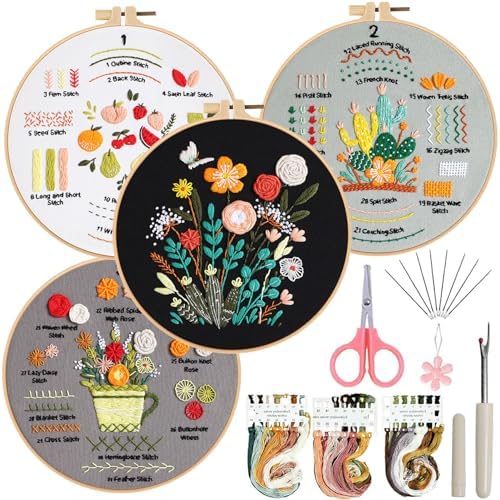 Ohcol Embroidery Kit for Beginners, 4 Floral Patterns, Learn 33 Stitches, Pre-Printed Fabric, Hoop, Colored Threads and Needles, Easy Video Guide, DIY Hand Sewing Gift for Adults and Teens by Ohcol