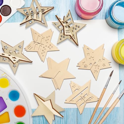 COCHIE DIY 3D 4th of July Stars Wood Crafts to Paint, Paintable Unfinished Wooden Slices for Craft, Memorial Day Veterans Day Star Cutouts Ornaments for Painting Decorations (24 PCS) - Image 6
