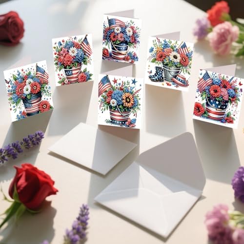 Diamond Art Painting Cards,6 Pack Gem Art Greeting Cards with Envelopes, 5D Diamond Dots Kits Birthday Cards Making Kits for Adults Family Friends Birthday Gifts(Independence Day Flowers) - Image 4