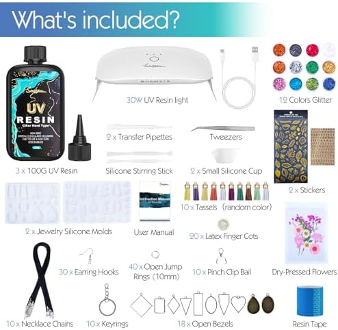 Suzzam UV Resin Jewelry Making Kit, 300g Crystal Clear UV Resin Kit with Molds, 30w & 22 Lamp Beads UV Resin Light Large for Craft Making Earrings, Necklaces, Keychains - Image 2