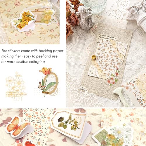 OKUPAN Vintage Floral Scrapbook Paper & Journaling Stickers (100pcs) Assorted Set (Yellow) - Scrapbook Supplies for Bullet Journaling, Retro Crafts, Planner, Mixed Media, Card Making - Image 6