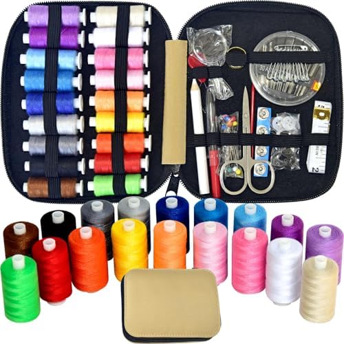 Sewing Kit with Case Portable Sewing Supplies for Home Traveler, Adults, Beginner, Emergency, Contains 18 Sewing Thread, Scissors, Needles, Measure etc,Very Light Tan by LE+PAON
