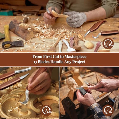 Whittling Kit for Adult Beginners, 29Pc Wood Carving Tools Set: 7 Knives, 6 Detail Gouges, Solid Strop Board, Gloves & Video Guide. Hand Carving Knife Set for Spoon, Basswood, DIY Hobby Gift - Image 4