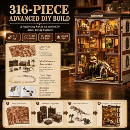 Fossil Museum Book Nook Kit for Adults, Dinosaur 3D Puzzle with LED Light - Image 4