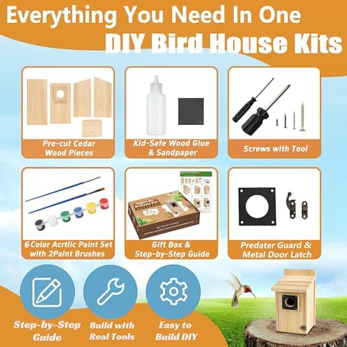 Wooden Bird Houses for Outside with Paint Set, Crafts & DIY Birdhouse Kits for Adults & Kids to Build, Bird House Outdoor for Bluebird Finch Swallow Wren Chickadee - Image 7
