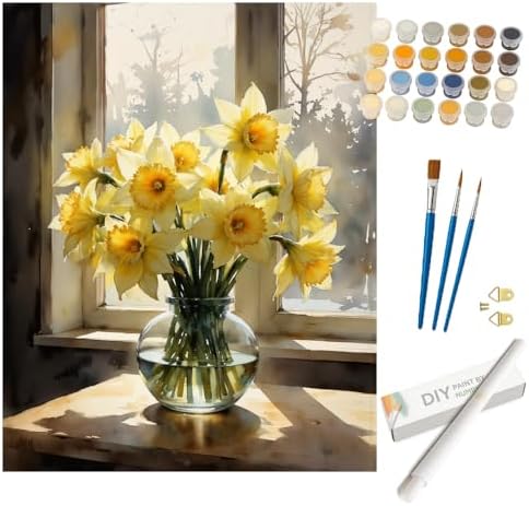 DecorFriday Still Life Paint by Numbers Kit for Adults - DIY Yellow Daffodils in Vase by Window Painting on Rolled Canvas 16x20 Inches, Acrylic Paint Set, Suitable for Beginners, Art for Home or Gift by Unknown