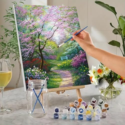 MaiMMaledy Paint by Numbers Kit 8Lx12W inch for Adults Beginners Canvas Pictures with Framed Drawing Painting Acrylic Pigment with Wooden Triangle Easel Garden Path - Image 2