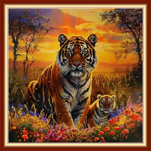 Joyhoor Cross Stitch Kits for Beginners Stamped Cross-Stitch Supplies Needlework preprint Embroidery Kits for Adults DIY Needlepoint Kits Embroidery Patterns 11CT-Tiger Scenery 18x18 inchs by JoyhoorCrossStitchKits