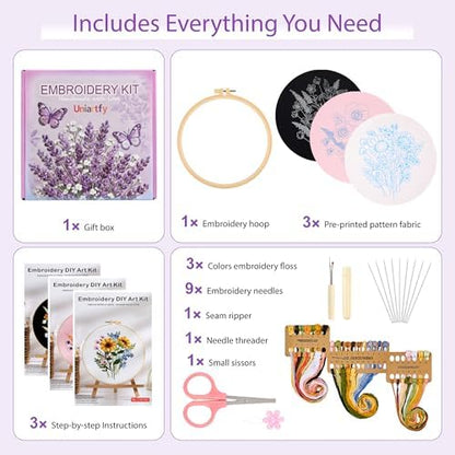 Uniartfy 3 Sets Embroidery Kit for Adults, Flower Pattern Embroidery Practice Kits for Beginners, Needlepoint Cross Stitch Kits Include Hoop, Colorful Threads, Tools, Easy to Learn Video & Instruction - Image 2