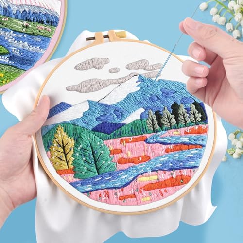 ERKOON 3 Sets Embroidery Kit, Floral Cross Stitch Set for Include Embroidery Cloth Hoops Threads for Craft Lover Hand Stitch (Landscapes) - Image 4