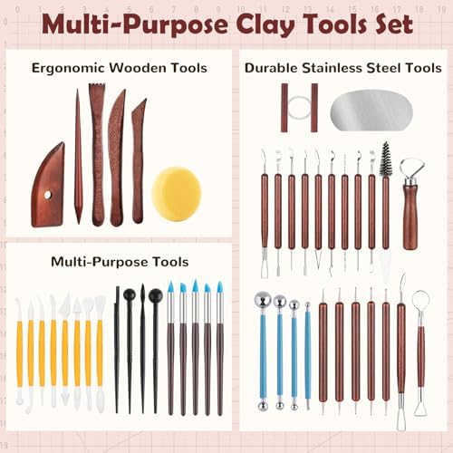 52PCS Pottery Tools Kit for Sculpting, Ceramic Tools, Clay Carving Tools for Polymer Clay, Modeling, Trimming, Molding, Shaping, Pottery Kiln, Arts Crafts Supplies, Adults, Students, Beginners, Pros - Image 3