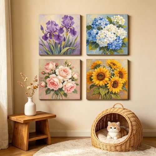 Canrichshop 4 Pack Retro Paint by Numbers for Beginner with Frame,Flowers Adult Paint by Number Kits on Canvas, DIY Number Painting for Adults for Decor 8X 8 inch - Image 6