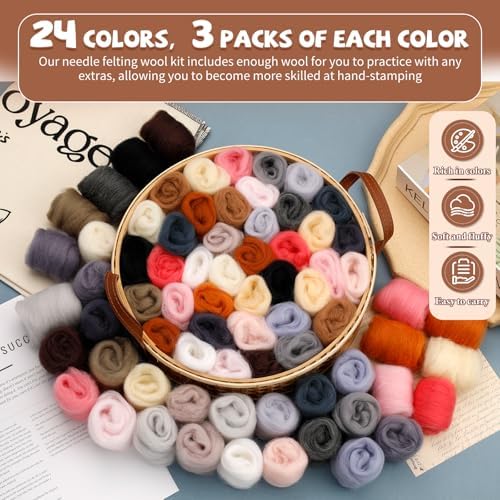 Mayboos 72 Pcs Needle Felting Wool, 24 Colors 7.6 oz Wool Roving - Image 3