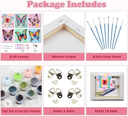 MXCFZX 6 Pack Butterfly Paint by Number for Kids with Wooden Frame,Easy Paint by Numbers for Kids Ages 4-8-12 Children DIY Acrylic Oil Painting by Number Kits for Home Wall Decor 8x8 Inch - Image 4