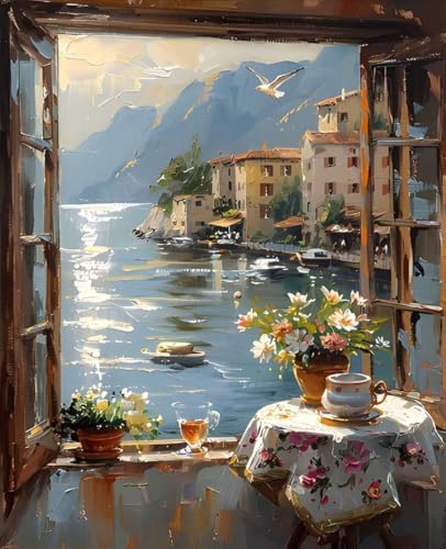 Balcony Paint by Numbers Kit for Adults Sea Paint by Numbers, DIY Acrylic Watercolor Oil Painting Kits for Adults Beginners with Brushes, Hobbies for Women for Home Wall Decor, Gifts 12x16 in z-24 by Unknown