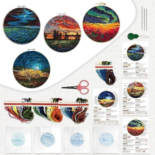 Maydear 4 Pack Embroidery Starter Kit with Pattern, Stamped Cross Stitch Kits for Beginners Adults with Embroidery Hoop and Instructions, Hand Embroidery Kit (Embroidery kit flower2) - Image 6