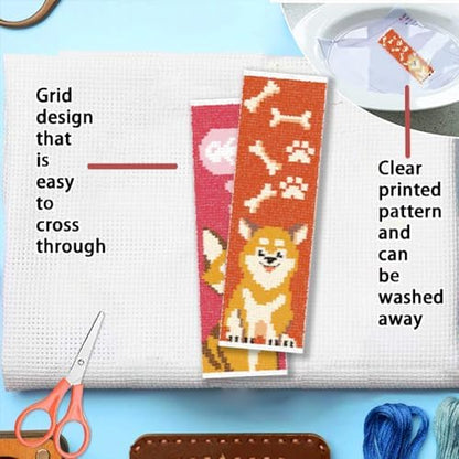 FREEBLOSS 12 Set Cross Stitch Bookmark Kits Colorful Pet Pattern Stamped Cross Stitch Kit 11CT Embroidery Kit with Instructions for Beginners 8 * 2.4inch - Image 3