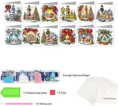jinglinhh 12pcs Diamond Art Painting Christmas Lighthouse Tree Santa Greeting Cards with Envelopes, DIY Card Making Kits for Adults, Diamond Art Christmas Cards for Holiday Gifts - Image 3