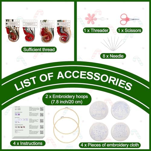 Santune Christmas Embroidery kit,Fall Needlepoint Cross Stitch Kits for Beginners Adult,Needle Point Sets,4 Embroidery,2 Hoops,Christmas Ornaments - Image 4