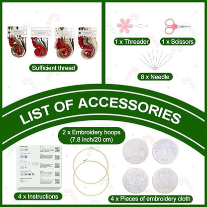 Santune Christmas Embroidery kit,Fall Needlepoint Cross Stitch Kits for Beginners Adult,Needle Point Sets,4 Embroidery,2 Hoops,Christmas Ornaments - Image 4