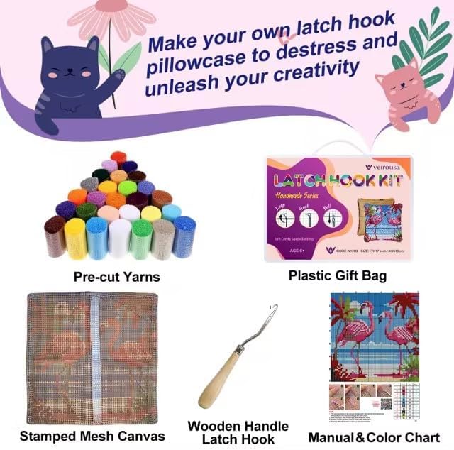 veirousa Flamingos Latch Hook Kits for Adults, Beginners DIY Hooked Pillow Kit Pre-Printed Pillowcase Hook and Latch Rug Kits Cross-Stitch Cushion Cover for Home Sofa Decoration 17x17 inch - Image 3