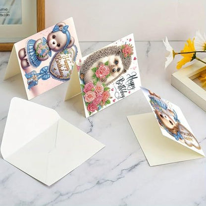 Tontut 6 Pieces Diamond Art Painted Greeting Cards, Owl Hedgehog Bear 5D DIY Special Shape Diamond Card Creative Gifts, Christmas Thanksgiving Greeting Card Congratulation - Image 4