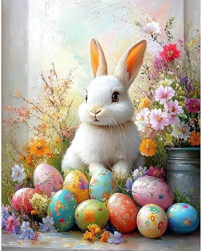 NEWENMO Basket with Eggs Paint by Numbers Kits for Adults, Paint by Number Beginner, Easter Bunny, Canvas Painting by Numbers for Adults, Easy DIY Oil Painting Kits for Gifts Home Decor 16x20 Inch by NEWENMO
