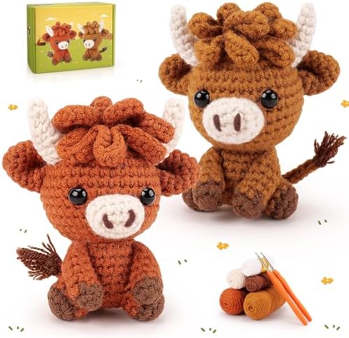 2PCS Highland Cow Crochet Kit for Beginners Crochet Starter Kit for Adults by FightingtoAchieve