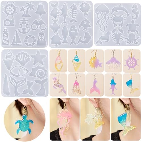 4 PCS Resin Molds Earring Jewelry Casting Silicone Molds, Marine Style Resin Earring Molds Silicone with Ear Hooks, Jump Rings for DIY Earrings, Pendant Craft Supplies, Resin Jewelry - Image 4