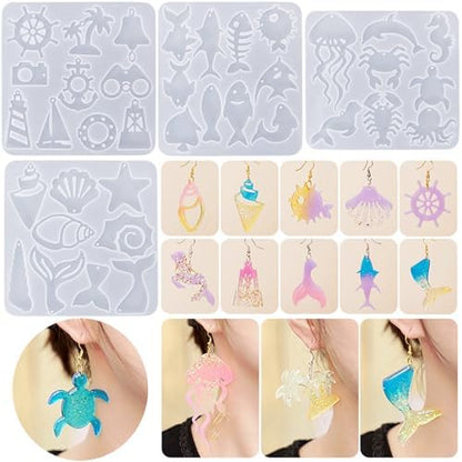 4 PCS Resin Molds Earring Jewelry Casting Silicone Molds, Marine Style Resin Earring Molds Silicone with Ear Hooks, Jump Rings for DIY Earrings, Pendant Craft Supplies, Resin Jewelry - Image 4