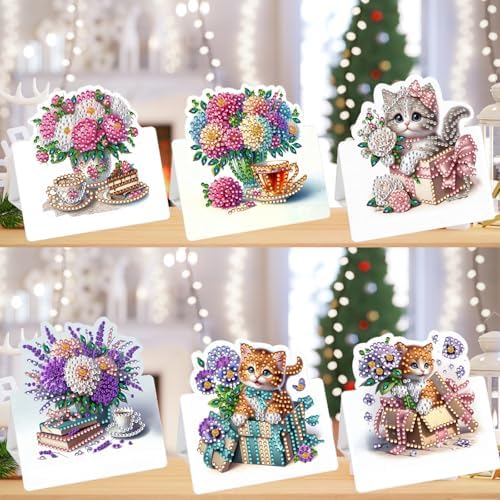 5D Diamond Art Painting Greeting Cards Kit, Cat and Flowers Design, DIY 6 Packs Thank You Cards with Envelopes, Full Drill Round Diamonds Craft for Adults, Cute Animal Gift for Women Beginners - Image 6