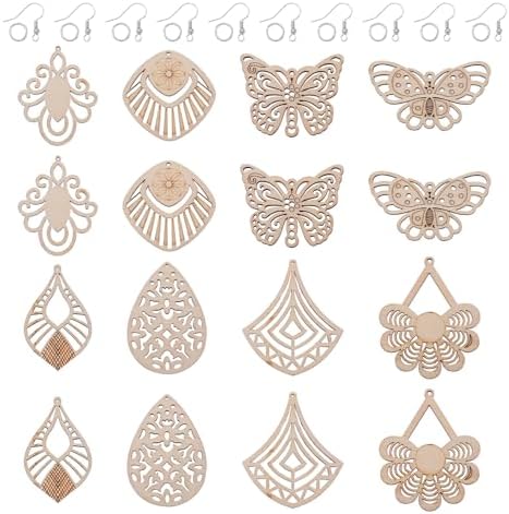 Elecrelive 8 Pairs Butterfly Wood Charms Wooden Earrings Blanks Flower Teardrop Rhombus Wood Earring Pendants Wooden Dangle Earring Making Kit with Earring Hooks by EEEELECRELIVE