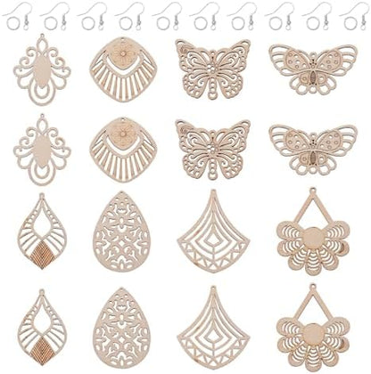 Elecrelive 8 Pairs Butterfly Wood Charms Wooden Earrings Blanks Flower Teardrop Rhombus Wood Earring Pendants Wooden Dangle Earring Making Kit with Earring Hooks by EEEELECRELIVE