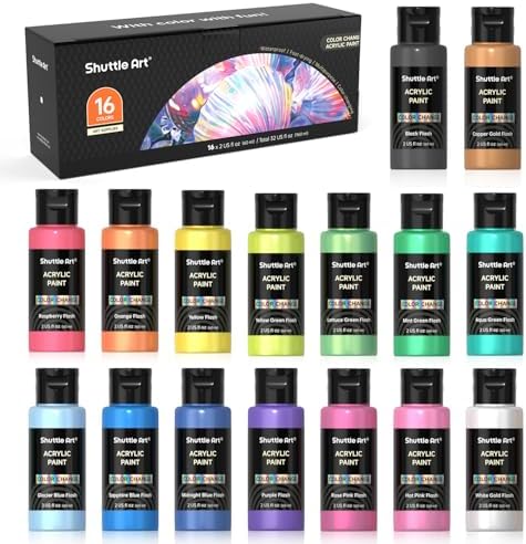 Shuttle Art Color Change Acrylic Paint Set, 16 Colors Chameleon Colors Acrylic Paint in Bottles (60ml/2oz), Non-Toxic for Artists, Beginners and Kids on Rocks, Crafts, Canvas, Wood, Fabric, Ceramic by ShuttleArt