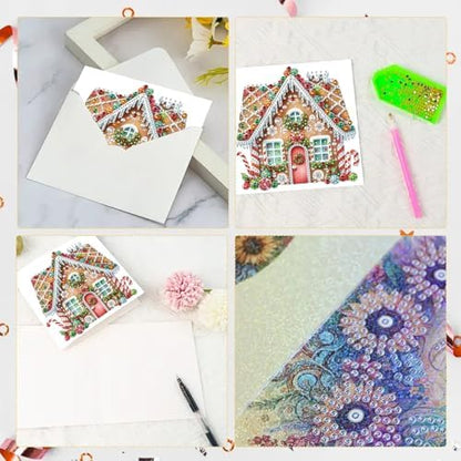 6Pcs Christmas Greeting Card DIY Diamond Art Painting Greeting Cards Special Shaped Diamond Blessing Folding Card Kit Arts Crafts for Birthday Festival-Gingerbread House - Image 7