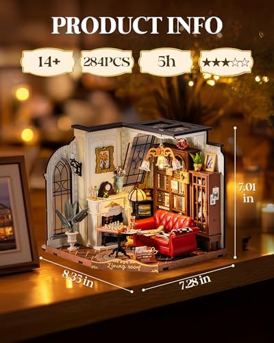 ROBOTIME DIY Miniature House Kit, Mini Dollhouse Kit, Tiny House Kit for Adults, Wooden Furniture Kit with LED, Halloween/Christmas/Birthday Gifts for Family/Friends(Catherine's Living Room) - Image 2
