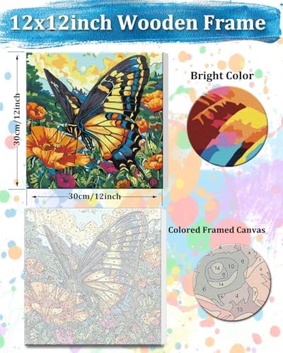 TOCARE Framed Paint by Numbers Kit for Adults & Kids Ages 8-12, 12x12Inch Colorful Butterfly Paint by Numbers with Frame, Flower Paint by Number Framed Canvas for Animal Lovers (Without Easel) - Image 2
