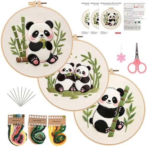Konrisa Panda Embroidery Starter Kit for Beginners, Cross Stitch Kit with 3pcs Embroidery Pattern, DIY Sewing Project Adult Needlepoint Kit with Hoop, Set of 3 by Konrisa