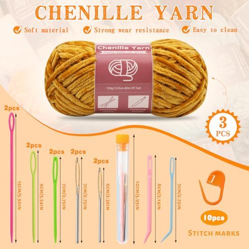 LUNARM Chenille Yarn 3 Pack 3.5oz Chunky Blanket Velvet Yarn 263 Yard - Image 2