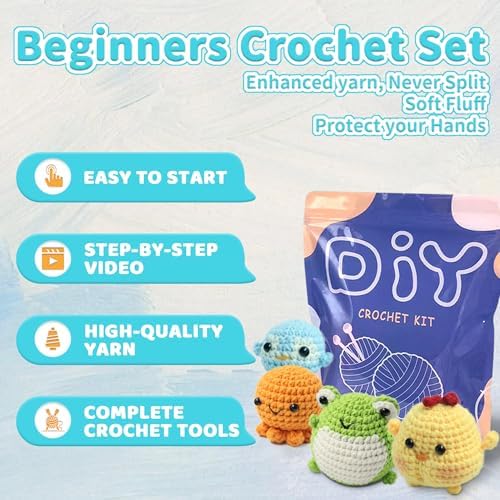 YAMAXIN Crochet Kit for Beginners Adults – 4PCS Animal Amigurumi Crochet Starter Kit with Yarn, Hooks, Tools, and Video Tutorials – DIY Knitting Craft Kit (Chick, Frog, Penguin, Octopus) - Image 2