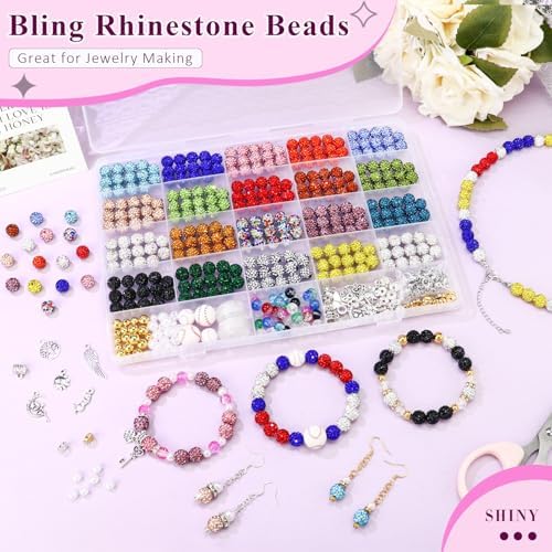 Dowarm 480PCS 10mm Rhinestone Beads Kit for Jewelry Making Baseball Necklace Friendship Bracelet, Round Disco Ball Rhinestone Clay Beading Set with Crackle Spacer Beads Charms for DIY Crafting - Image 3