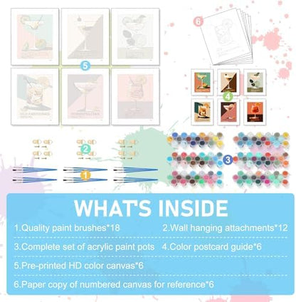 Offito 6 Pack Paint by Numbers Kit for Adults, Retro Cocktail, 8x10 Inch - Image 5