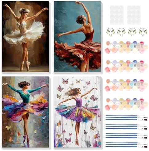 HEIBAGO 4 Pack Framed Paint by Numbers Kit for Adults Beginner, Adult Paint by Number Kits Dancing Girl, Ballerina DIY Paint by Numbers for Adults,Small Easy Acrylic Oil Painting for Wall Decor 8x12In by HEIBAGO