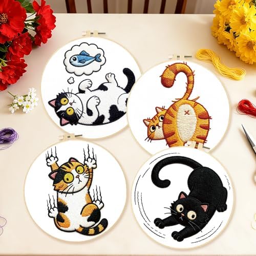 BEUNITONE 4PCS Fun and Funny Cat Embroidery Kit for Beginners, Cute Pre-Print Cat Pattern Hand Embroidery Kits with Hoop and Instruction, DIY Needlepoint Craft Kit for Gifts and Home Decor - Image 6