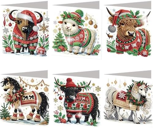 jinglinhh 6pcs Christmas Yak Horse Sheep Diamond Art Painting Greeting Cards with Envelopes, DIY Card Making Kits for Adults, Diamond Art Postcards Christmas Cards Craft Gifts by Unknown